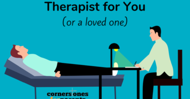 graphic of man lying on a table with a doctor sitting at the end - tips for finding a therapist