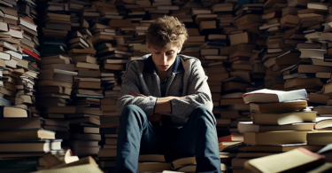 man surrouded by books